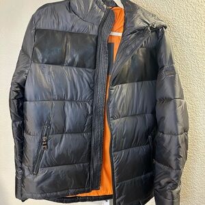 Marciano Mens Black Puffer Jacket Leather Accents Orange Lined Hooded Size L